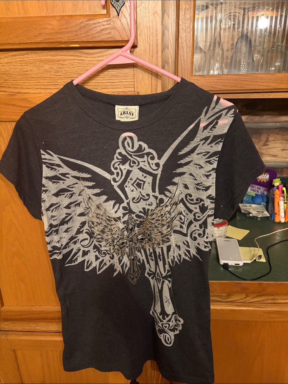 Ariat Black Tee with Silver Winged Cross Graphic